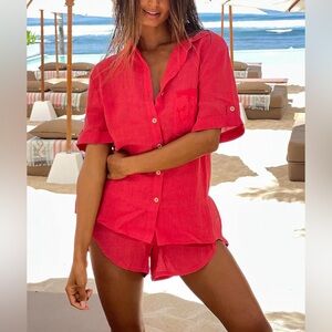 Vetchy 100% Linen Top S - Bright Red with Gold Buttons, Short Sleeve NWOT